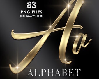 May include: A gold alphabet font with a metallic sheen and a 3D effect. The letter A is shown with a sparkling effect. The text "83 PNG FILES HIGH QUALITY 300 DPI" and "ALPHABET" are also shown.