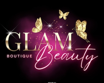 Pink Neon Logo, Canva Logo Template, Gold Beauty Logo, DIY Editable Logo for Makeup, Hair Logo, Nails Logo, Luxury Lash Logo, Butterfly Logo