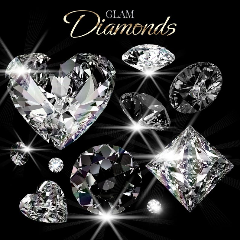 K&ouml;nnte beinhalten: Eine Ansammlung funkelnder Diamanten in verschiedenen Formen, darunter Herz-, Rund- und Quadrat-Schliffe, vor schwarzem Hintergrund. Der Text "Glam Diamonds" ist in goldener Schrift dargestellt.