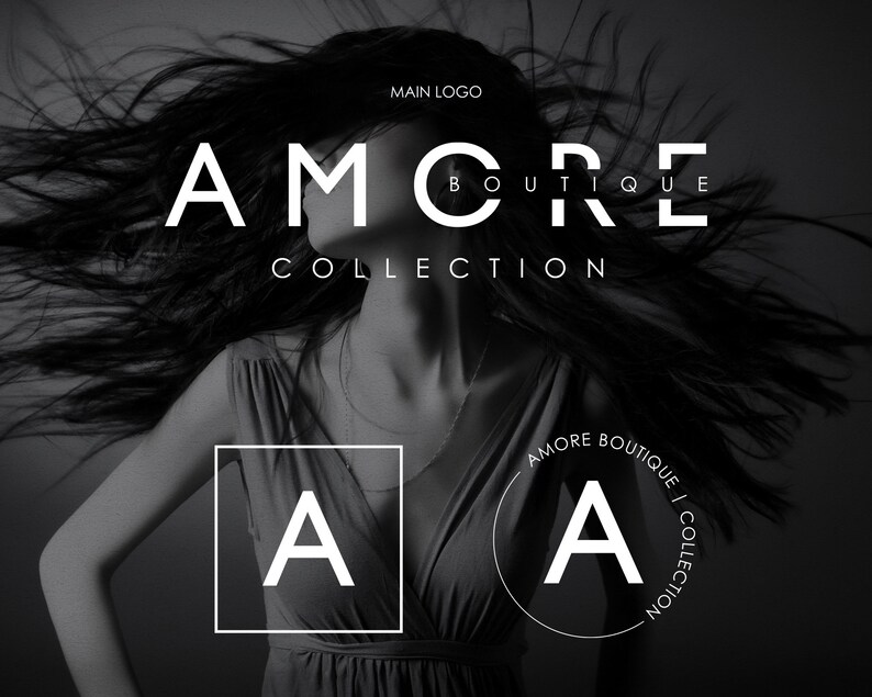 May include: Black and white image of a woman with long hair. The text "AMORE BOUTIQUE COLLECTION" is displayed in white letters on a black background. The letter "A" is displayed in a circle and a square.