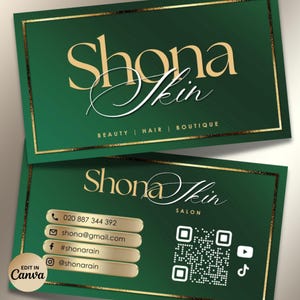 Pu&ograve; includere: Biglietti da visita verdi scuri con bordi dorati. Il nome "Shona Skin" &egrave; scritto in oro. I biglietti includono anche informazioni di contatto, tra cui un numero di telefono, un indirizzo e-mail e i social media.