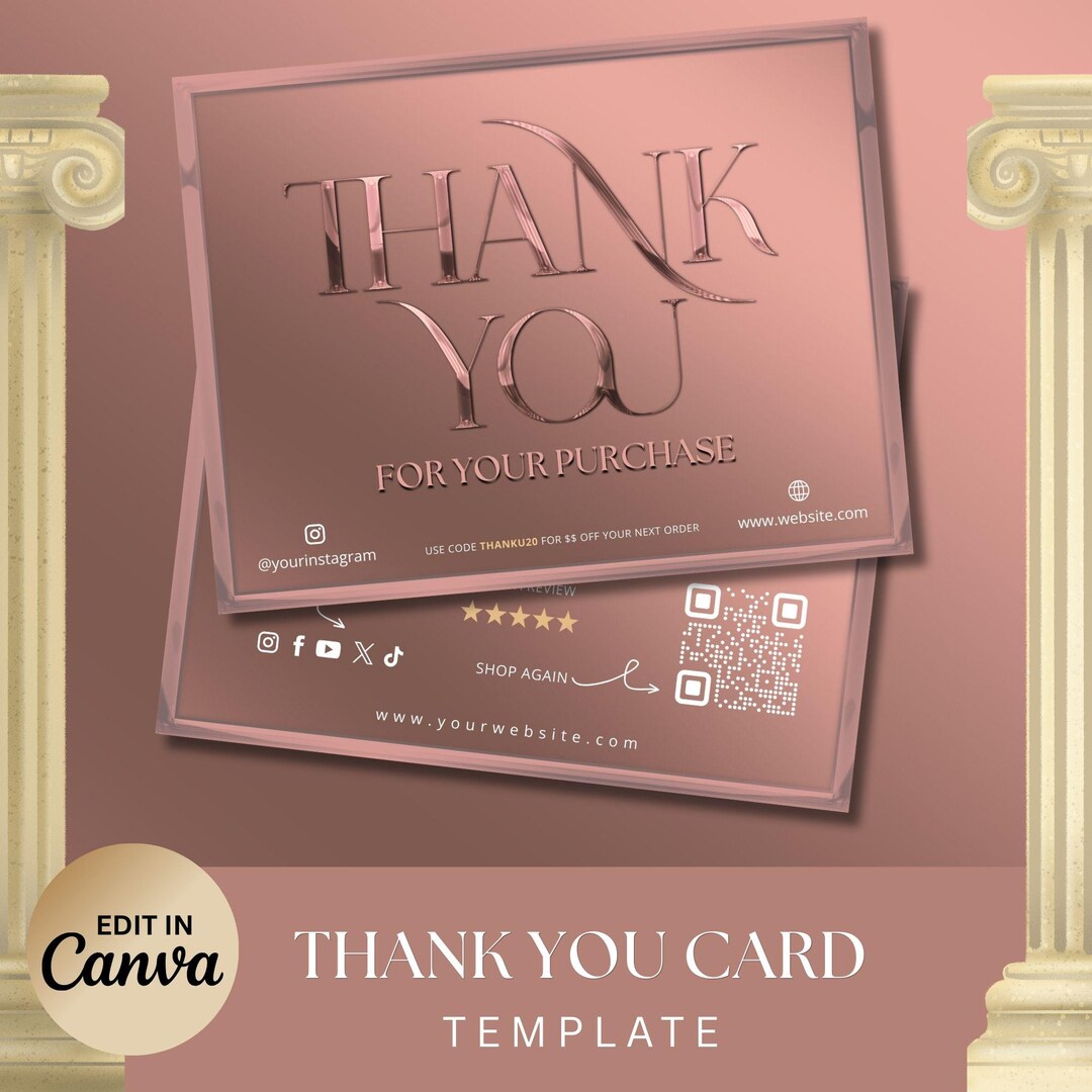 Rose Gold Thank You Card, DIY Thank You Card Template, Beauty Thank You ...