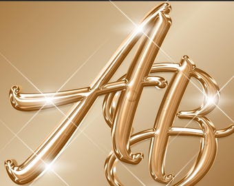 Könnte beinhalten: Goldfarbene, stilisierte Buchstaben "AB" mit glänzendem Finish, vor einem goldfarbenen Farbverlauf. Das Bild enthält den Text "PREMIUM ALPHABET" oben und "83 PNG FILES HIGH QUALITY 300 DPI" unten.