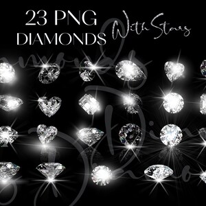 K&ouml;nnte beinhalten: Eine Sammlung von 23 PNG-Diamanten in verschiedenen Formen, darunter rund, tropfenf&ouml;rmig und herzf&ouml;rmig, mit Sternen-Effekten. Der Text "23 PNG DIAMONDS With Stars" ist in Wei&szlig; dargestellt.