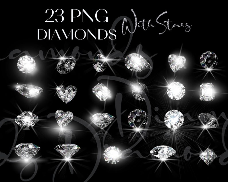 K&ouml;nnte beinhalten: Eine Sammlung von 23 PNG-Diamanten in verschiedenen Formen, darunter rund, tropfenf&ouml;rmig und herzf&ouml;rmig, mit Sternen-Effekten. Der Text "23 PNG DIAMONDS With Stars" ist in Wei&szlig; dargestellt.