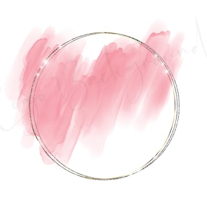 Puede incluir: Un fondo de acuarela rosa con un marco circular de purpurina dorada. El marco es un doble contorno con una línea fina dorada y una línea más gruesa de purpurina plateada.