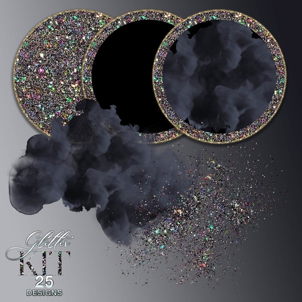 Kit de marquage noir pailleté CLIPART, cadres glam png, png fumée noire, étincelle, coups de pinceau, papillon, cercles bling, arrière-plan du logo png