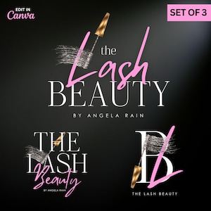 Puede incluir: Tres logotipos para "The Lash Beauty" sobre un fondo oscuro. Los logotipos presentan texto blanco y rosa, con un diseño de varita de rímel y pestañas. El texto "Edit in Canva" está en la esquina superior izquierda.