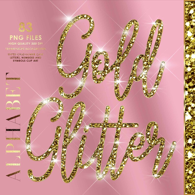 Script Doodle Alphabet Clip Art, Gold Chunky Glitter Alphabet, Gold ...