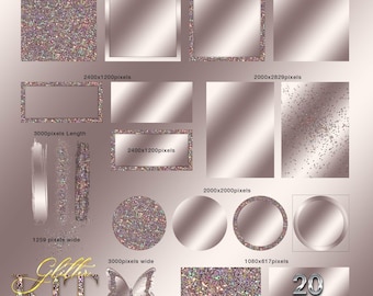 Rose Gold Branding Kit Bundle, Rose Gold background, Glam frames png Clipart, Sparkle, Brush strokes, Pink Circles, Logo background Png