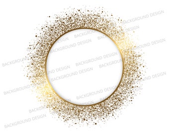 Può includere: Una cornice circolare color oro con un centro bianco, circondata da un effetto glitter dorato maculato. Le parole "BACKGROUND DESIGN" sono debolmente visibili attorno alla cornice. Questo design è adatto per inviti, annunci o arte digitale.