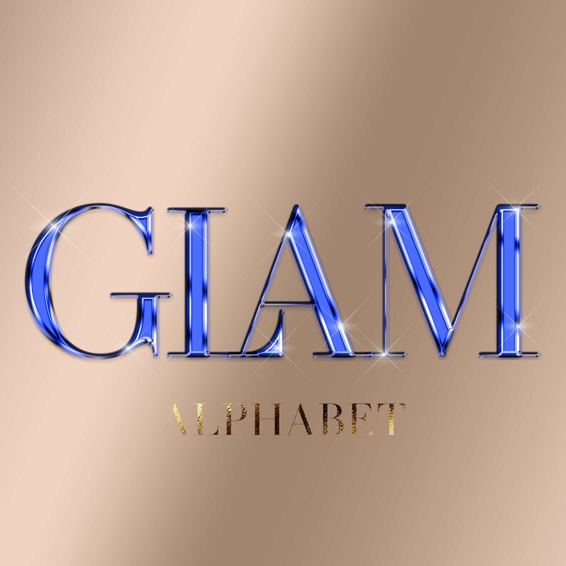 May include: A blue metallic font spelling out the word "GLAM" with a gold metallic font spelling out "ALPHABET" below it. The background is a gradient of light peach to a darker peach.
