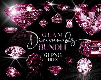 Könnte beinhalten: Ein Set mit 61 pinkfarbenen Diamanten-PNG-Dateien. Die Diamanten haben verschiedene Formen, darunter rund, quadratisch, herzförmig und oval. Die Diamanten glänzen und haben eine hochwertige, realistische Optik.  GLAM DIAMONDS BUNDLE 61 PNG FILES