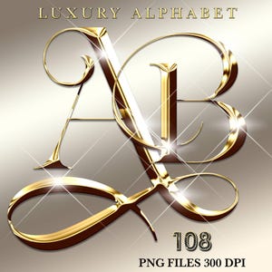 Op de afbeelding: Goudkleurige, gestileerde letters "A" en "B" met een luxe ontwerp. De letters staan tegen een gradiënt achtergrond met de tekst "LUXURY ALPHABET" bovenaan. De afbeelding bevat ook de tekst "108 PNG FILES 300 DPI".