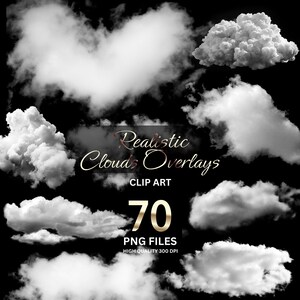 70 Realistic Clouds Clipart: PNG Photoshop Overlays (Digital Download)