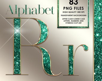 Glitteralfabet PNG, diamantalfabet, glamouralfabet, diamantbokstäver, bling, gnistra, smaragdgrön och guldbokstäver, digital nedladdning | A4
