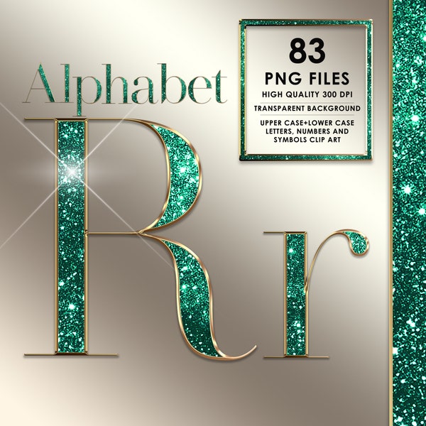 Glitter Alphabet PNG, Diamond Alphabet PNG, Glam Alphabet, Diamond letters, Bling, Sparkle, Emerald Green and Gold Letter, Digital download