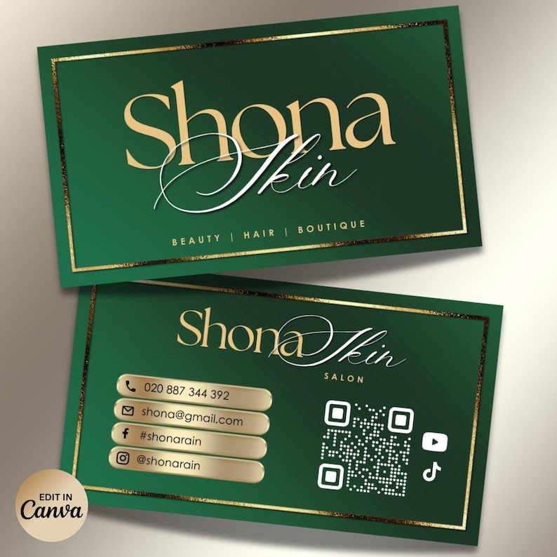 Pu&ograve; includere: Due biglietti da visita con sfondo verde scuro e dettagli dorati. La carta superiore recita "Shona Skin" in oro, con "BEAUTY | HAIR | BOUTIQUE" sotto. La carta inferiore include informazioni di contatto e un codice QR.