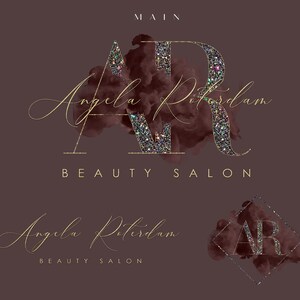 May include: A logo for a beauty salon called "Angela Rotterdam" with the initials "AR" in gold glitter on a burgundy watercolor background. The text "MAIN" is above the logo and "BEAUTY SALON" is below the logo. A second logo is shown below with the initials "AR" in a burgundy watercolor background inside a gold square.