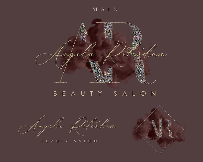 May include: A logo for a beauty salon called "Angela Rotterdam" with the initials "AR" in gold glitter on a burgundy watercolor background. The text "MAIN" is above the logo and "BEAUTY SALON" is below the logo. A second logo is shown below with the initials "AR" in a burgundy watercolor background inside a gold square.