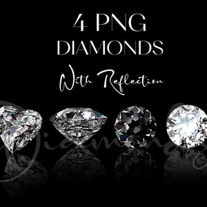 K&ouml;nnte beinhalten: Vier PNG-Diamanten mit Reflexionen vor schwarzem Hintergrund. Die Diamanten haben verschiedene Formen, darunter ein Herz und runde Schliffe. Der Text "4 PNG DIAMONDS With Reflection" steht oben.