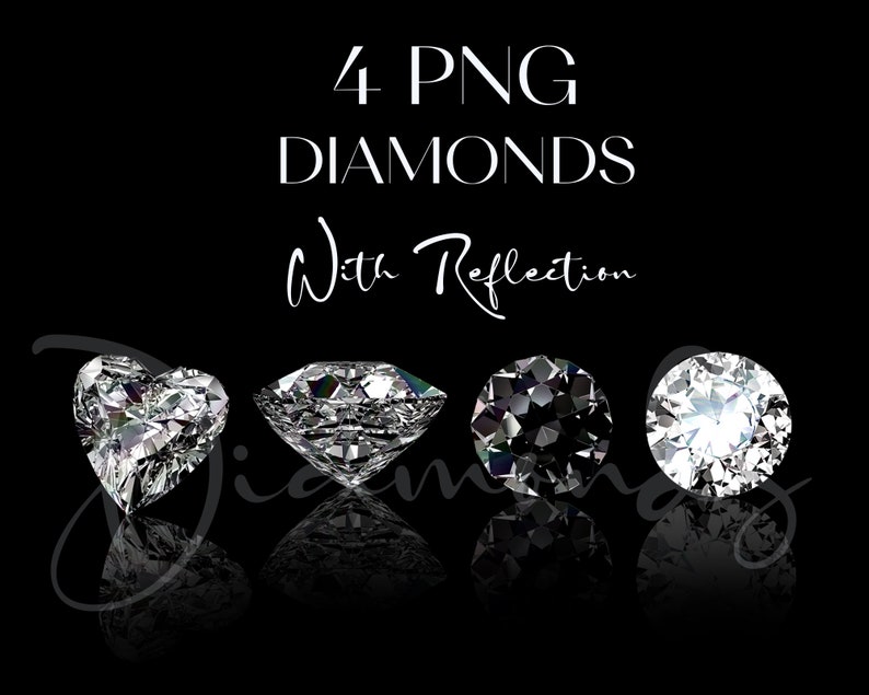 K&ouml;nnte beinhalten: Vier PNG-Diamanten mit Reflexionen vor schwarzem Hintergrund. Die Diamanten haben verschiedene Formen, darunter ein Herz und runde Schliffe. Der Text "4 PNG DIAMONDS With Reflection" steht oben.
