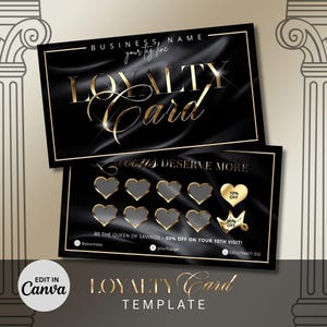 Plantilla de tarjeta de fidelización Black Gold, tarjeta de fidelización de salón DIY, tarjeta de recompensas, tarjeta de fidelización personalizada DIY, plantilla editable de Canva, descarga instantánea