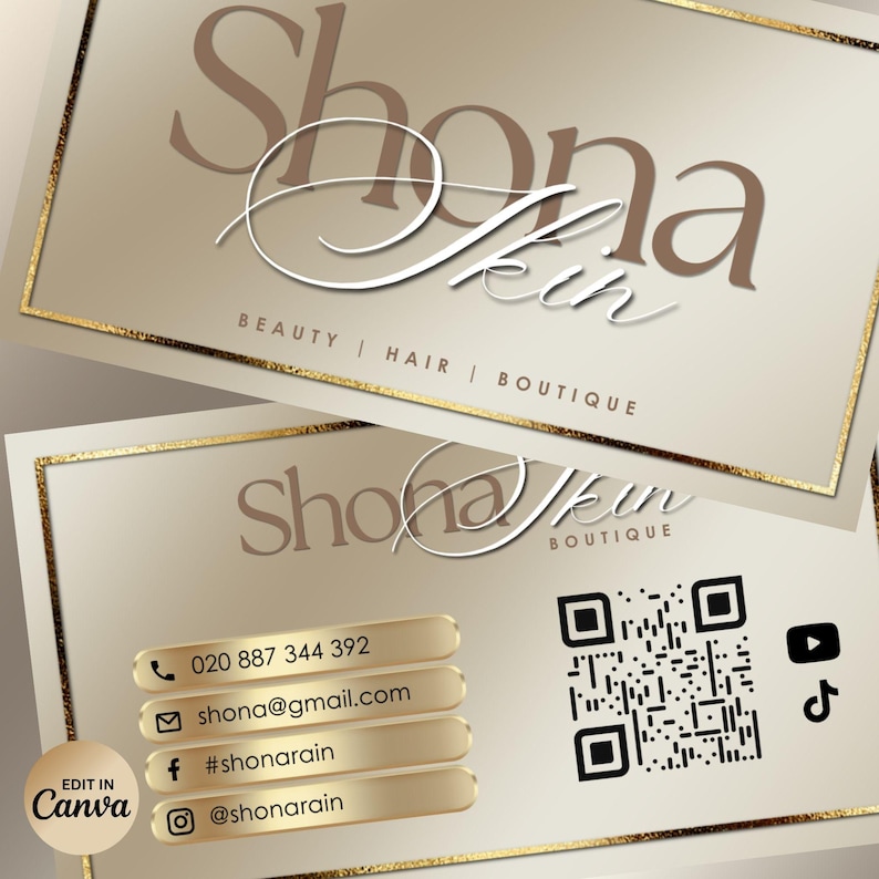 Puede incluir: Dos tarjetas de visita con borde dorado y fondo beige. La tarjeta superior presenta el texto "Shona Skin" en una fuente de escritura. La tarjeta inferior incluye informaci&oacute;n de contacto, un c&oacute;digo QR e iconos de redes sociales.