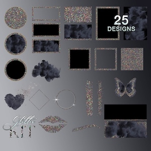 Kit di branding nero glitter CLIPART, cornici glam png, fumo nero png, scintillio, pennellate, farfalla, cerchi scintillanti, sfondo logo Png