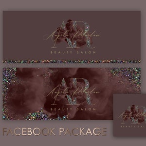 May include: Facebook cover photo and profile picture template for a beauty salon. The design features a burgundy background with gold glitter and a gold and white logo with the text "Angela Rikdam Beauty Salon".