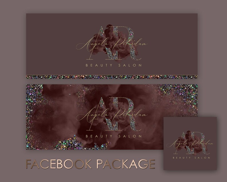 May include: Facebook cover photo and profile picture template for a beauty salon. The design features a burgundy background with gold glitter and a gold and white logo with the text "Angela Rikdam Beauty Salon".