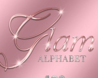Könnte beinhalten: Ein digitales Design mit dem Wort "Glam" in einer glänzenden roségoldenen Schriftart und dem Wort "ALPHABET" in einer strukturierten silbernen Schriftart. Der Hintergrund ist ein Farbverlauf aus Rosatönen. Das Bild enthält auch die Zahlen "109" und den Text "PNG FILES HIGH QUALITY 300 DPI".