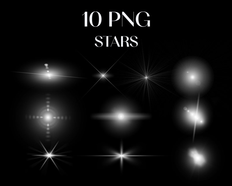 K&ouml;nnte beinhalten: Eine Sammlung von zehn wei&szlig;en PNG-Sternen und Lichteffekten auf schwarzem Hintergrund. Der Text "10 PNG STARS" ist in Wei&szlig; oben im Bild zu sehen. Die Sterne variieren in Form und Gr&ouml;&szlig;e und haben helle, leuchtende Effekte.