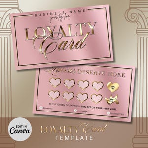 Modello di carta fedeltà rosa e oro, carta fedeltà fai da te per cosmetici, carta premi, carta cliente VIP, modello Canva modificabile, download immediato