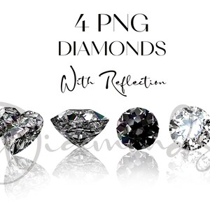 K&ouml;nnte beinhalten: Vier PNG-Diamanten mit Reflexionen auf wei&szlig;em Hintergrund. Die Diamanten haben verschiedene Formen: ein Herz, ein Rundschliff, ein schwarzer Rundschliff und ein brillanter Rundschliff. Der Text "4 PNG DIAMONDS With Reflection" steht oben.