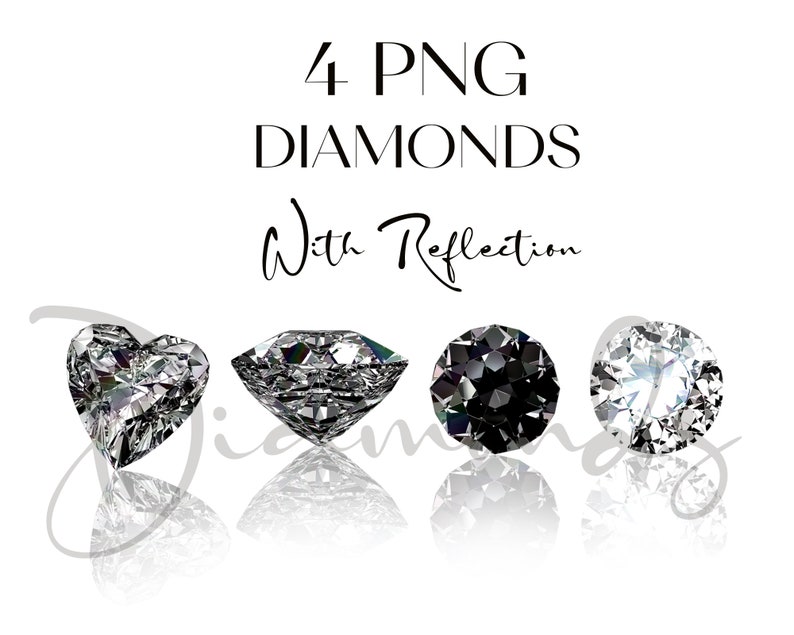 K&ouml;nnte beinhalten: Vier PNG-Diamanten mit Reflexionen auf wei&szlig;em Hintergrund. Die Diamanten haben verschiedene Formen: ein Herz, ein Rundschliff, ein schwarzer Rundschliff und ein brillanter Rundschliff. Der Text "4 PNG DIAMONDS With Reflection" steht oben.