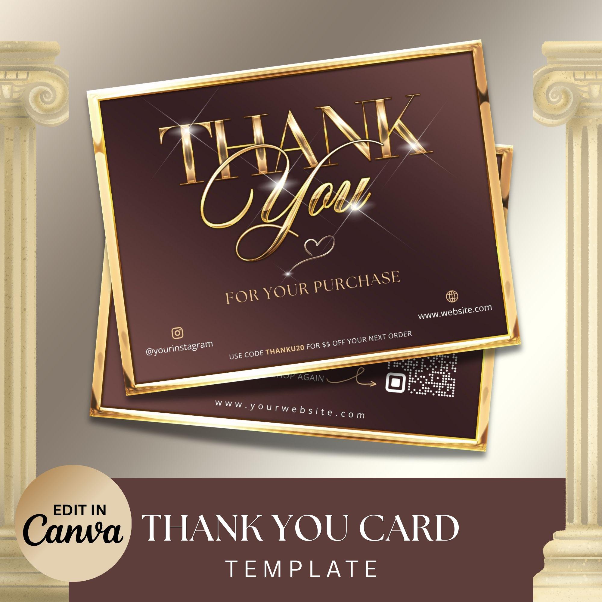 Luxury Thank You Card Template, Gold Metallic Thank You Card, Editable ...