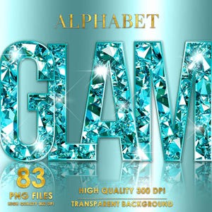 Diamant bleu clair Alphabet PNG Clipart, Glitter Turquoise Alphabet PNG, police bleue lettres Png, Glam lettres Clipart, téléchargement numérique