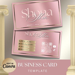 May include: A pink business card template with gold accents. The card features the text "Shona Skin" and contact information, including a phone number, email, and social media handles. The words "Beauty, Hair, Boutique" are also visible.