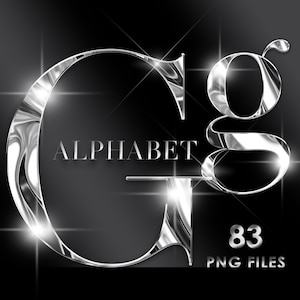 May include: A silver metallic alphabet font with a glossy, reflective finish. The letter "G" is shown in uppercase and lowercase. The text "ALPHABET" and "83 PNG FILES" are also included in the image.