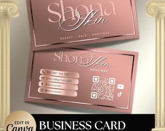Rose Gold Business Card Template, Custom Card Design, Business Visiting Card, Lash Tech Hair Business Card, Canva Template, Pink Biz Card