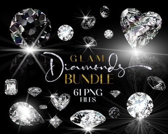 Diamonds Clipart Bundle 61 Files, Diamonds PNG,  Sparkle Glitter Diamonds and Stars Overlays, Bridal Shower Wedding Clipart, Jewelry Clipart