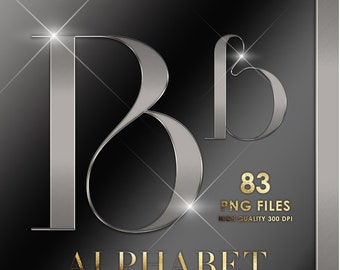 May include: A silver metallic alphabet letter B with a gold outline and a glittery texture. The letter is set against a dark grey background. The text "83 PNG FILES HIGH QUALITY 300 DPI" and "ALPHABET" are also visible in gold.