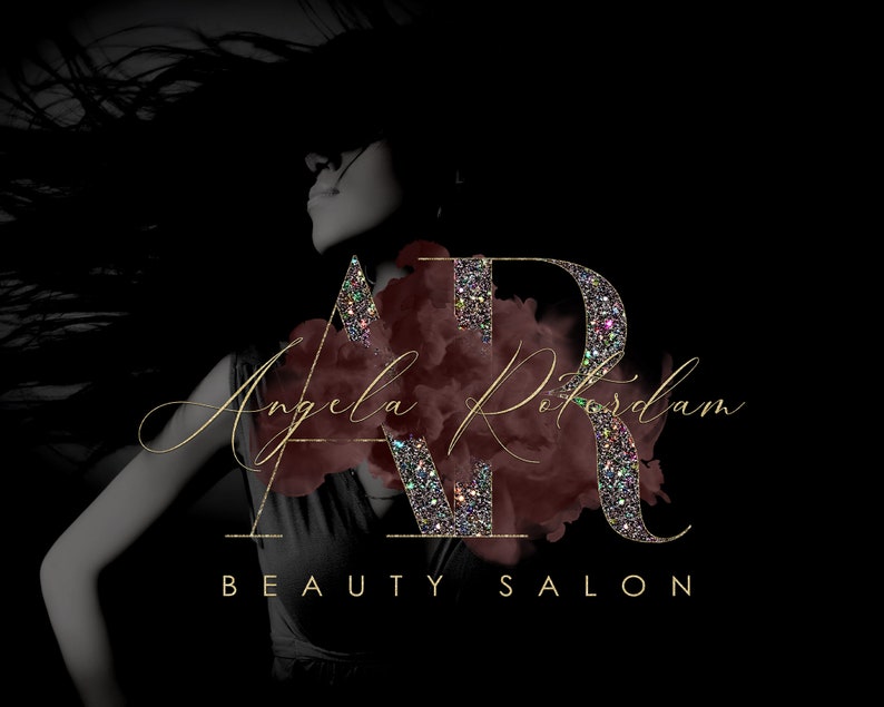 May include: A logo for a beauty salon called "Angela Rotterdam" with the letters "A" and "R" in gold glitter with a red and pink watercolor background.