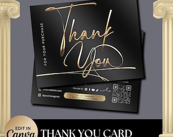 Editable Thank You Card, Black Gold Thank You Card, Canva Template, DIY Thank You Card, Lash Tech, Hair Stylist Card, Instant Download