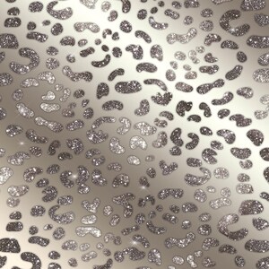 May include: A seamless pattern of silver glitter leopard spots on a light brown background.