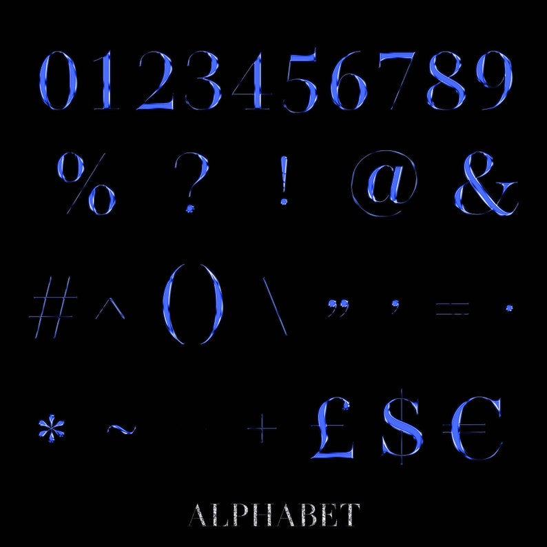 May include: Blue 3D font with numbers, symbols, and punctuation marks. The font is outlined in white and has a blue, metallic sheen. The word "ALPHABET" is written in white at the bottom of the image.