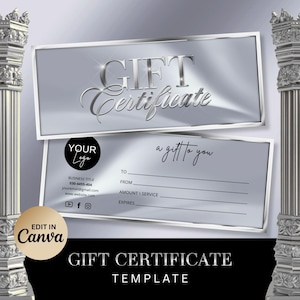 Silver Gift Certificate Template, DIY Gift Voucher, Editable Gift Certificate, Printable Gift Card , DIY Gift Card, Instant Download
