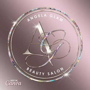May include: A circular logo with the text "ANGELA GLAM BEAUTY SALON" in a gold and iridescent design. The logo features the intertwined letters "AG" in a stylized script, set against a gradient pink background. The words "EDIT IN Canva" are at the bottom.
