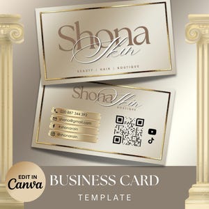 Puede incluir: Dos tarjetas de visita con borde dorado y fondo beige degradado. Las tarjetas presentan el nombre "Shona Skin" en escritura elegante, con informaci&oacute;n de contacto y redes sociales. Tambi&eacute;n se ven las palabras "Beauty, Hair, Boutique".